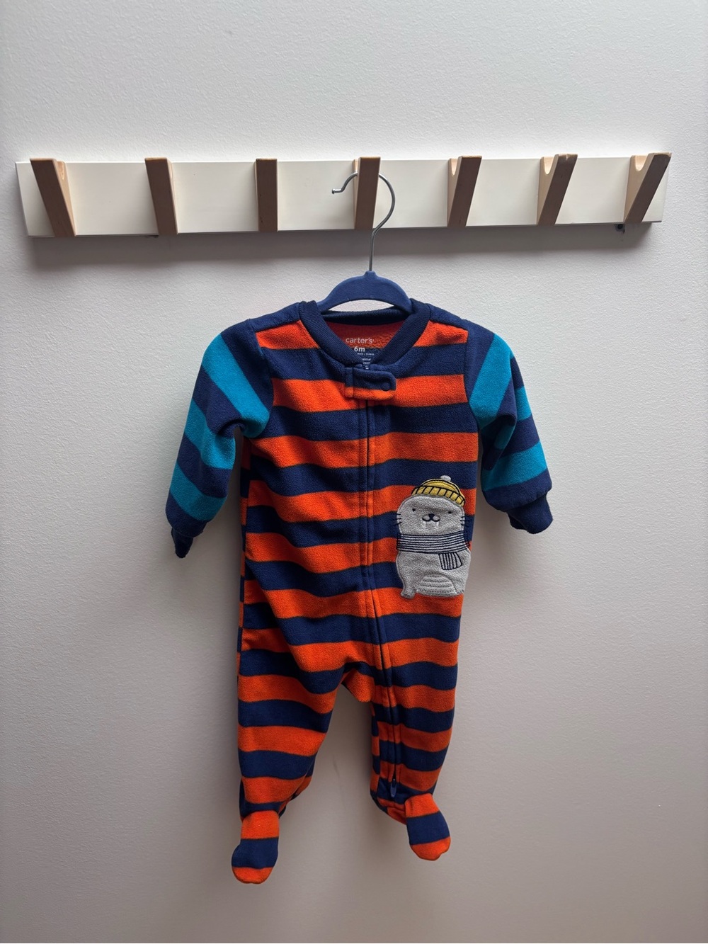 (5 for $20) Carter's Orange, Navy & Blue Striped Fleece Footed One-Piece